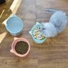 A fluffy gray kitten is next to a light blue feeding bowl and an orange bowl filled with green pet food on a wooden surface.
