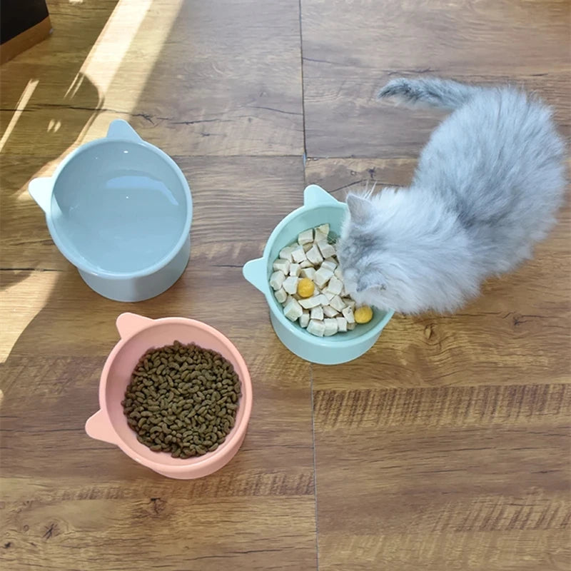 A fluffy gray kitten is next to a light blue feeding bowl and an orange bowl filled with green pet food on a wooden surface.