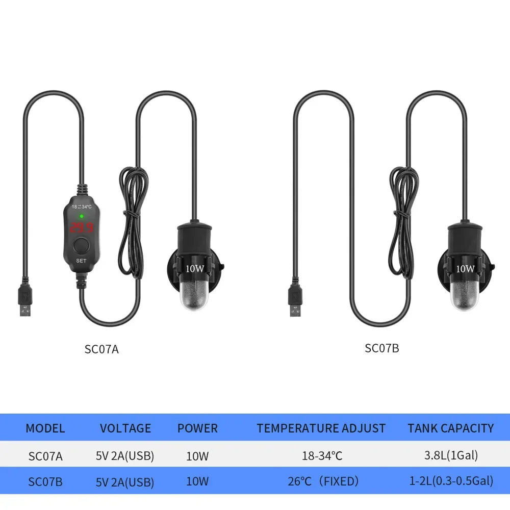 Three submersible aquarium heaters SC07A, SC07B, and a power adapter are shown.