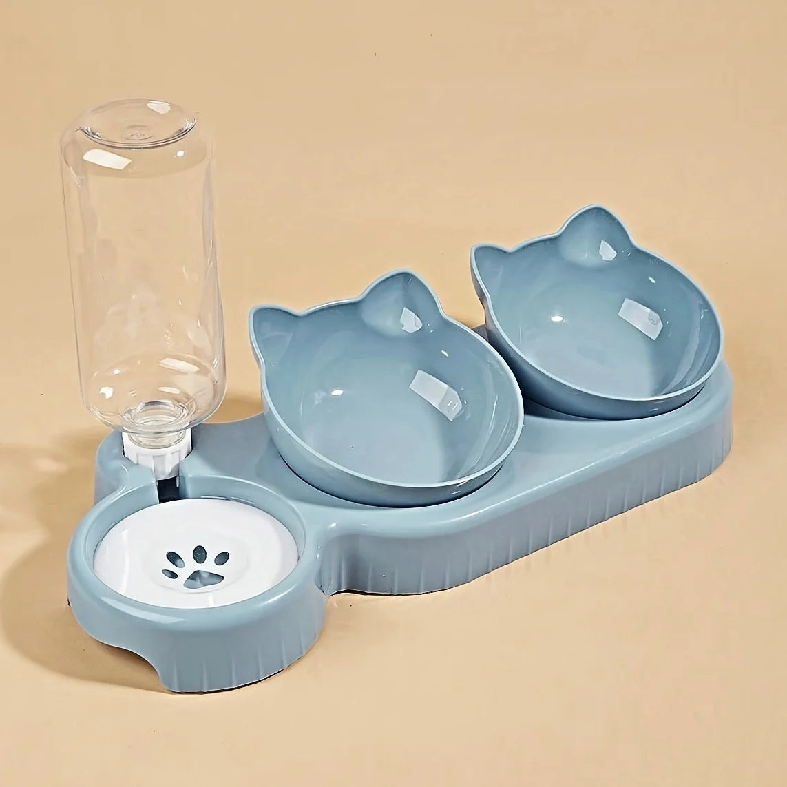 Ein hellblauer Napf-Set für Haustiere mit Wasserabgießer und separate Essschale.