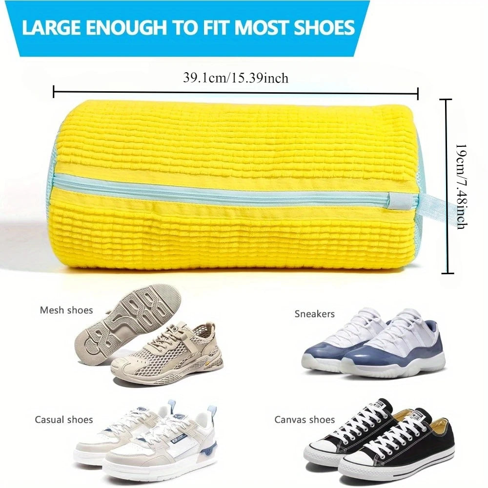 Yellow durable shoe washing bag designed to fit most shoes, shown next to various footwear.