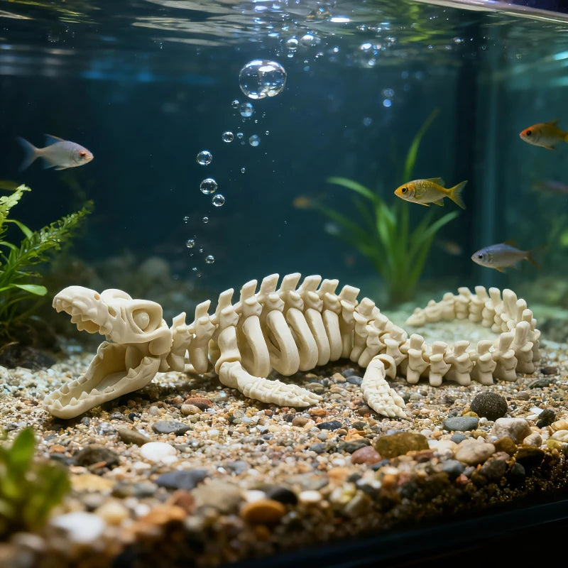 A realistic skeleton aquarium decoration with a dinosaur design rests on gravel in clear water.