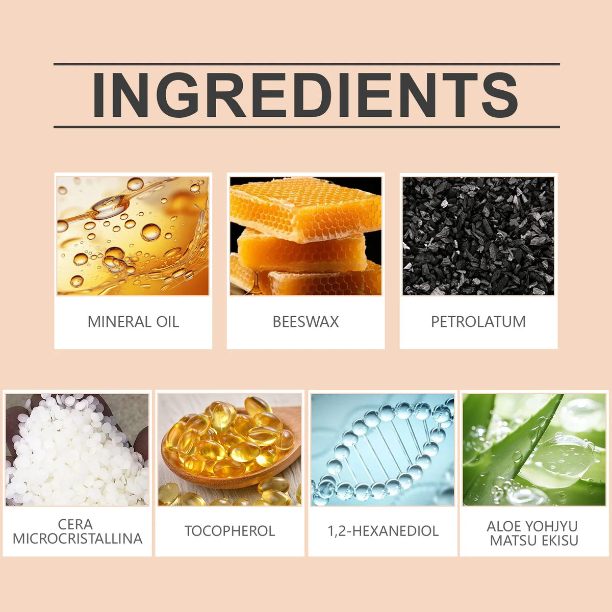 Ingredients list showing mineral oil, beeswax, petrolatum, cera microcristallina, tocopherol, 1,2-hexanediol, and aloe yohyu 
