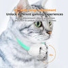 A tabby cat wearing a white collar with a green band, demonstrating an angle adjustment feature on a laser toy.