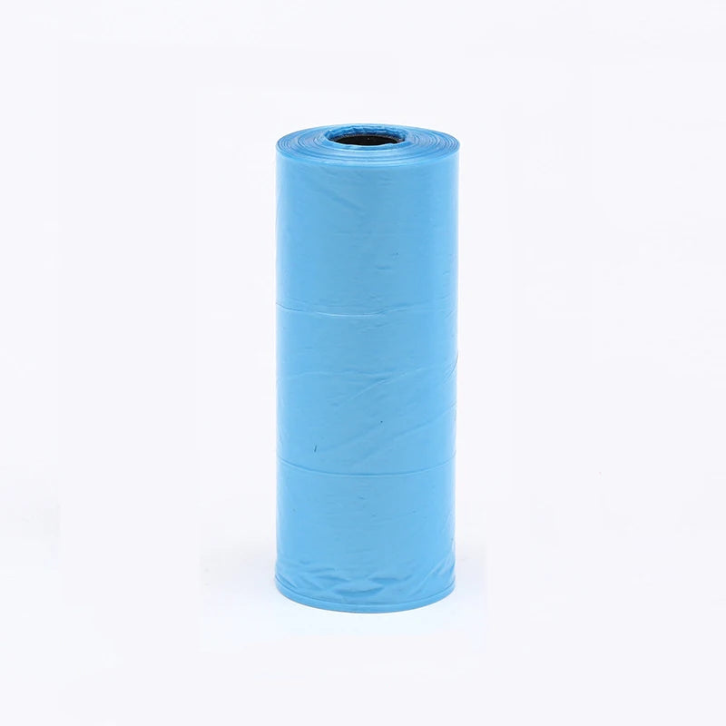 A roll of multi-color continuous dog poop bags in light blue.