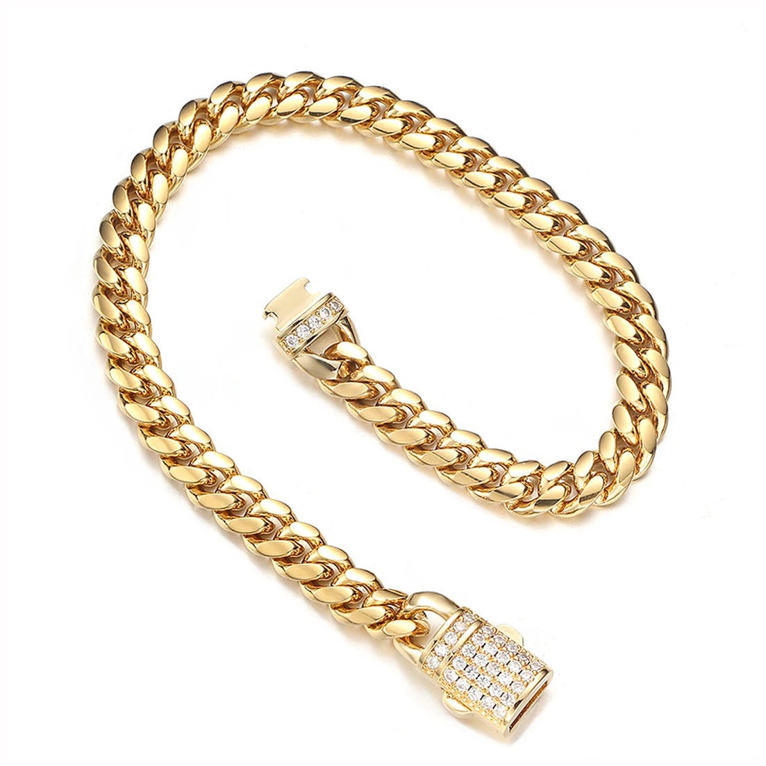 A gold-toned stainless steel curb chain bracelet with diamond accents.