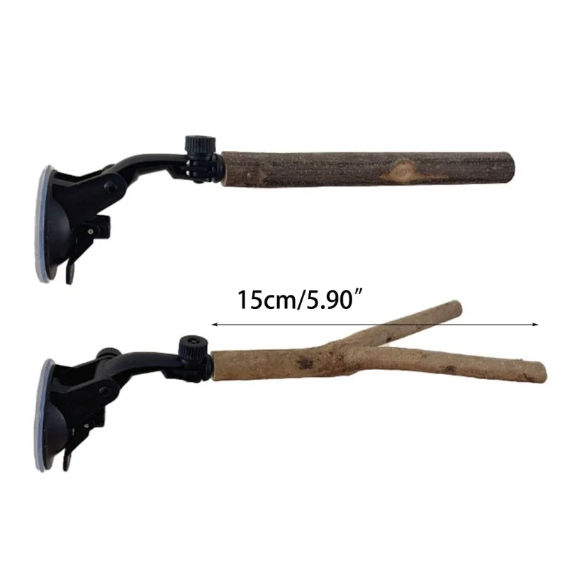 A wooden bird perch with a black mount and suction cup feature.