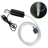 A black USB aquarium air pump with an adjustable flow nozzle and a clear silicone tubing.