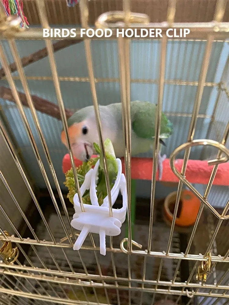 A white plastic bird food holder clip is visible inside a wire cage with a parrot.