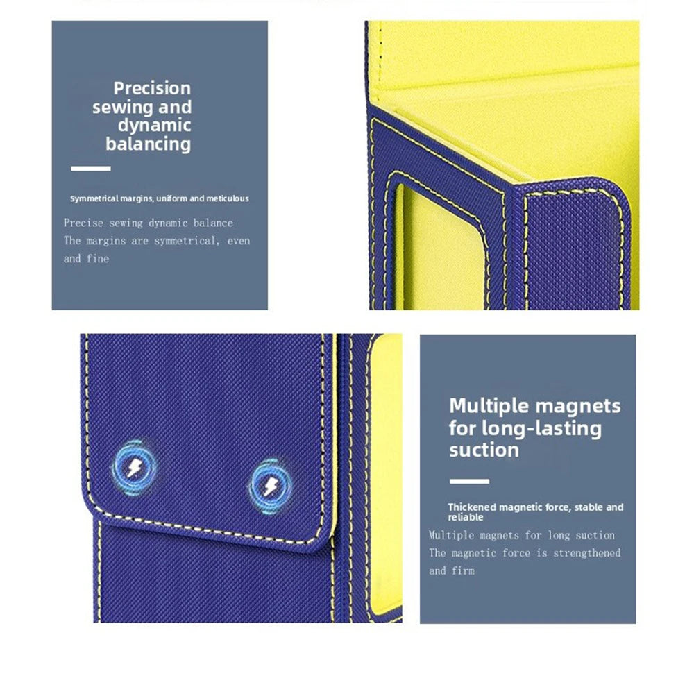 A PU leather magnetic card deck box with a display window showing precision sewing and dynamic balancing features.