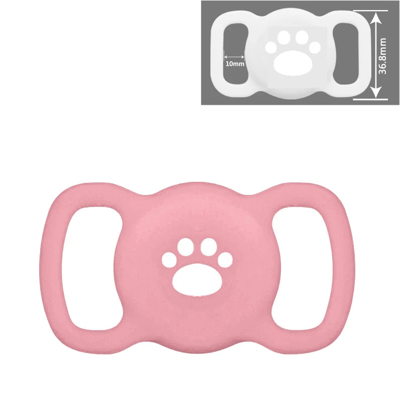 Rosa Silikon-AirTag-Halter in Pfotenabdruckform für Haustiere.