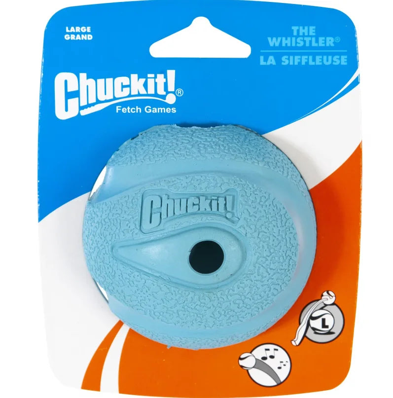 A blue squeaky fetch ball for dogs is shown in its packaging.