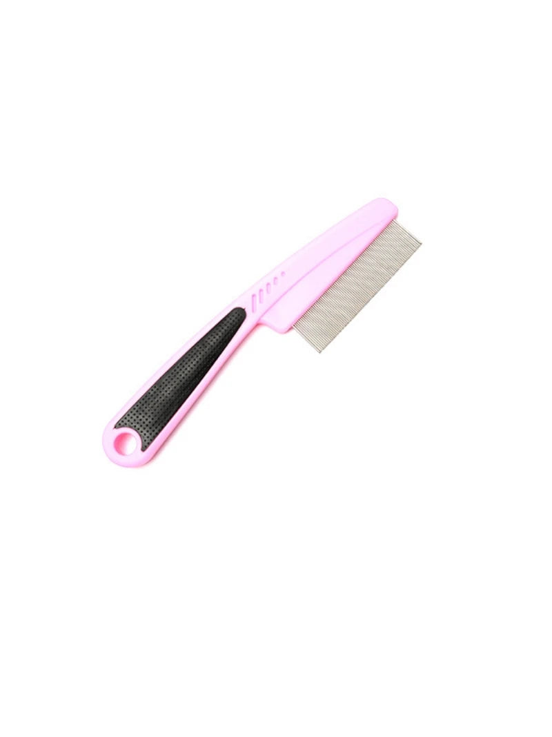 A pink stainless steel pet grooming comb with a fine mesh surface.