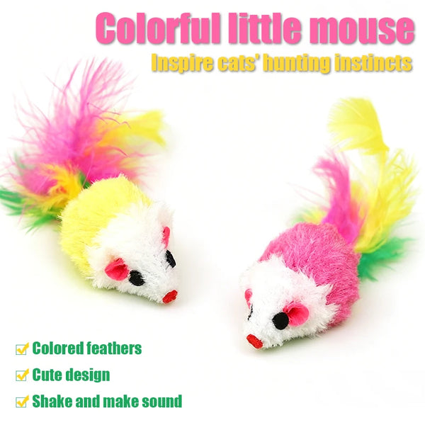 Colorful little mouse plush toy with bright feathers designed to inspire cats' hunting instincts