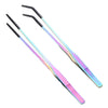 A pair of stainless steel aquarium feeding tweezers with iridescent blue and pink coloration.