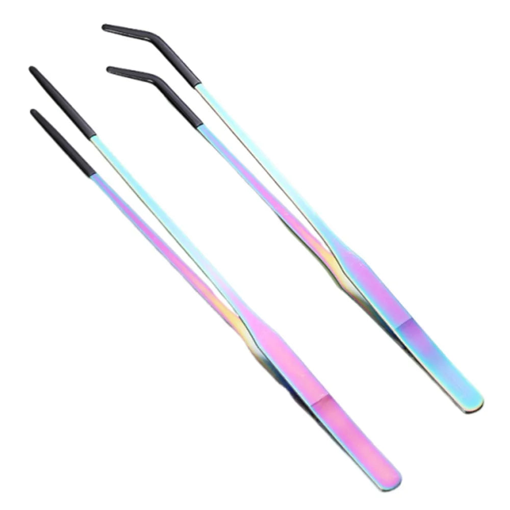 A pair of stainless steel aquarium feeding tweezers with iridescent blue and pink coloration.