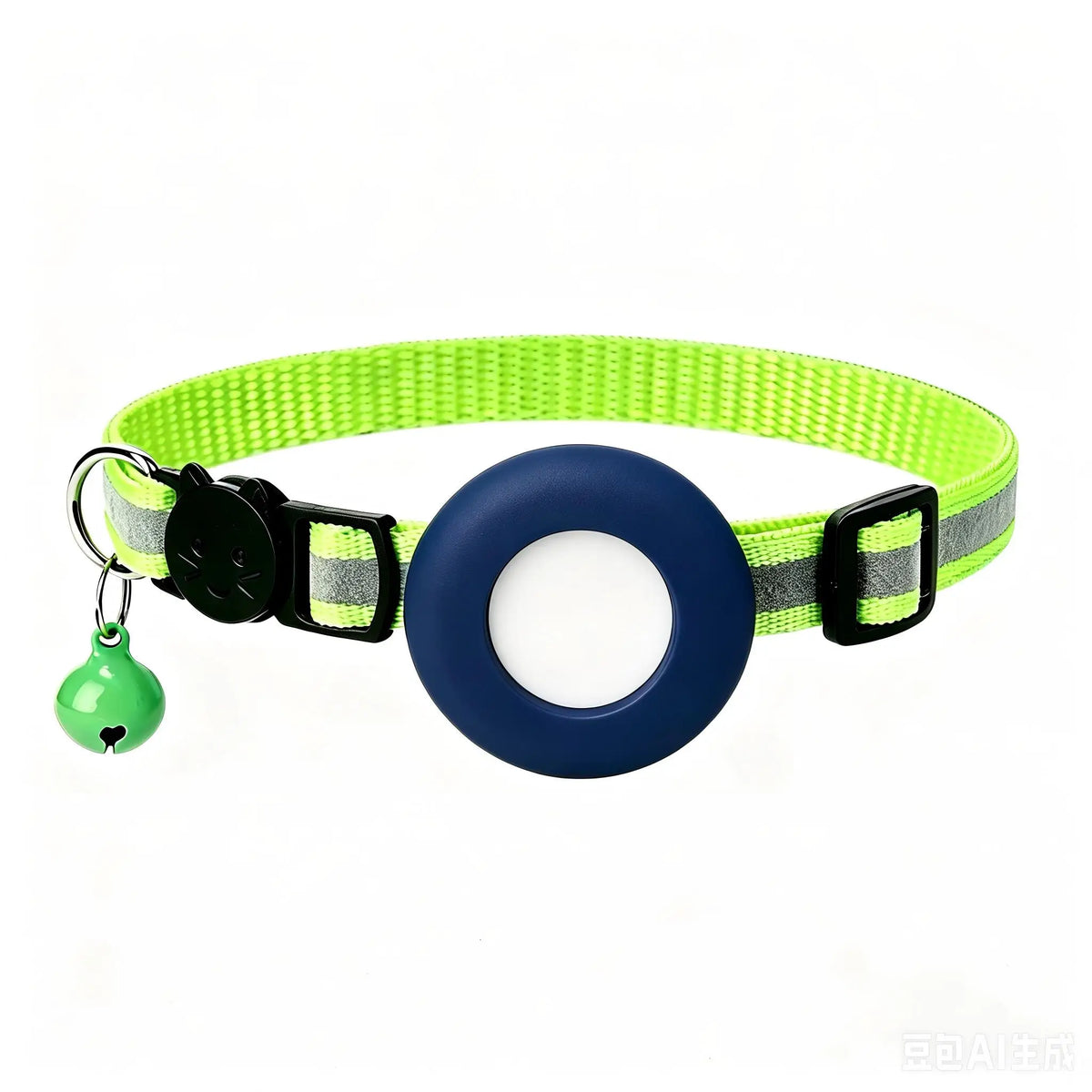 A bright lime green breakaway cat collar with a reflective strip and an oval blue AirTag holder.
