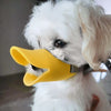 Ein weißer Hund trägt eine gelbe Silikon-Ducksnathlet Maske zum Hundetraining.