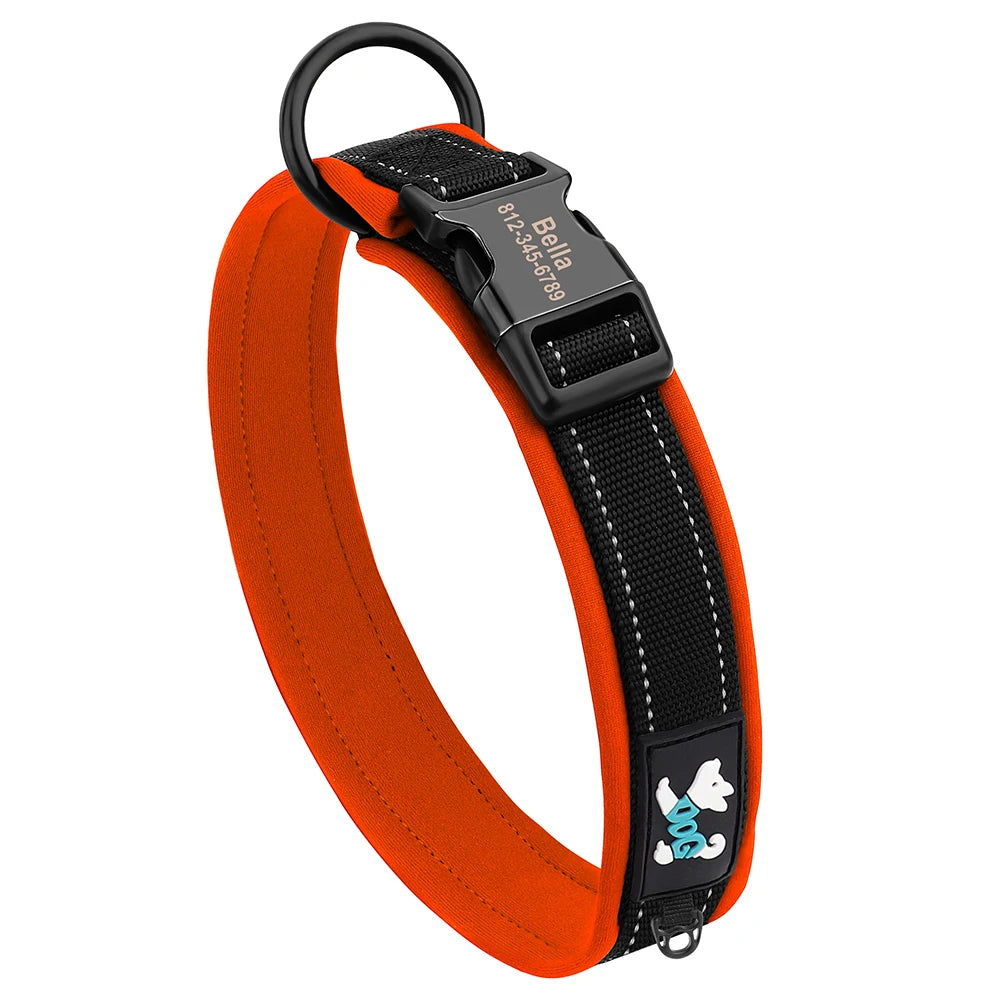 Orange and black reflective dog collar with a black strap and a silver tag.