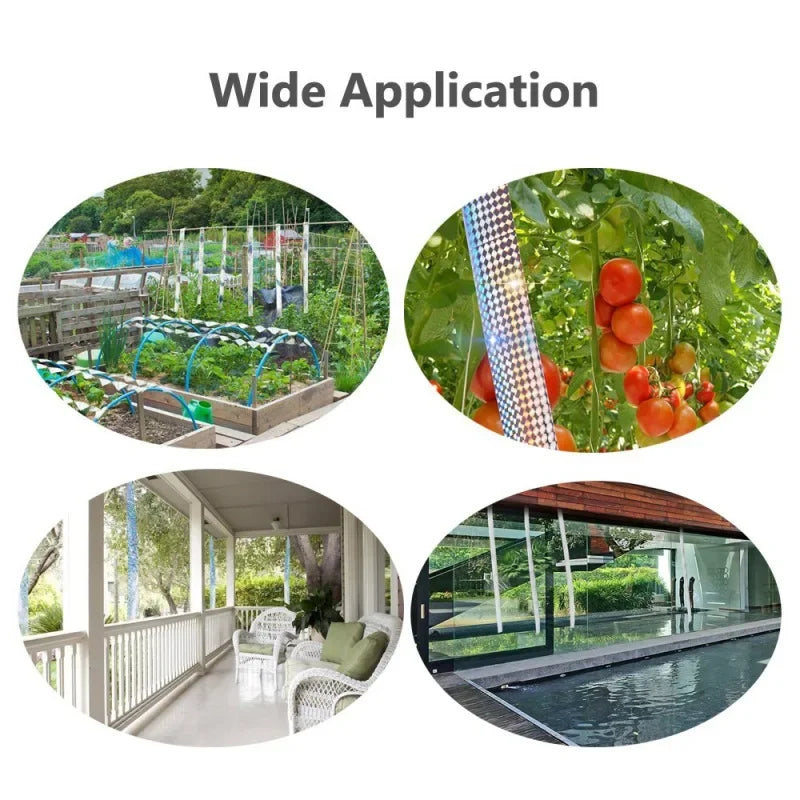 Reflective bird deterrent tape used in various outdoor settings including gardens and balconies.