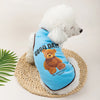 A white fluffy dog wearing a blue vest with the text Good Days and a teddy bear print, resting on a woven mat.
