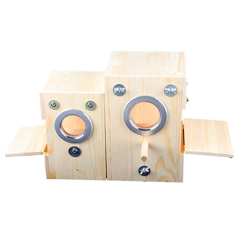 A natural light wood bird nest box with circular openings and metal hardware.