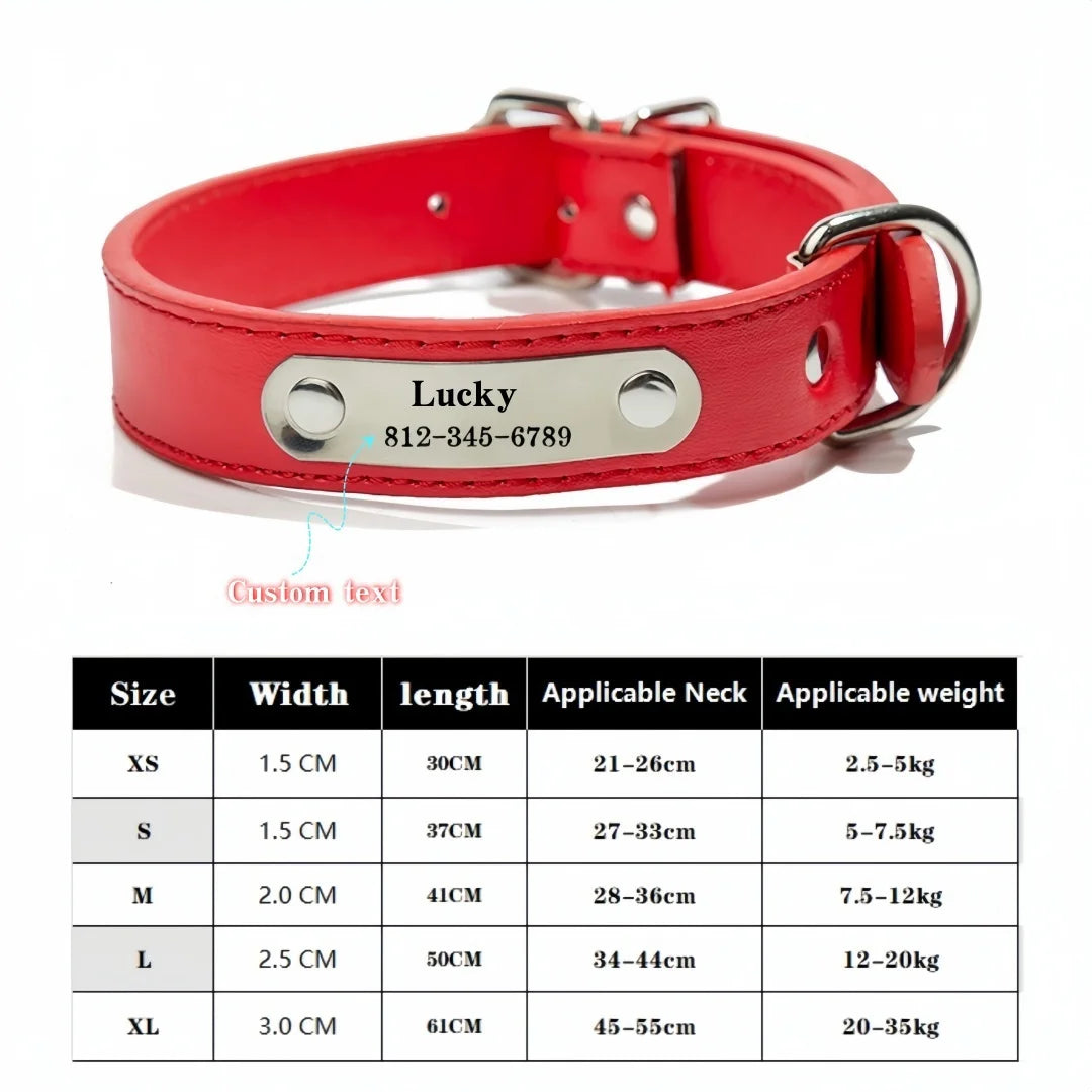 Red PU leather dog collar with a silver engraved nameplate and metal clasp.