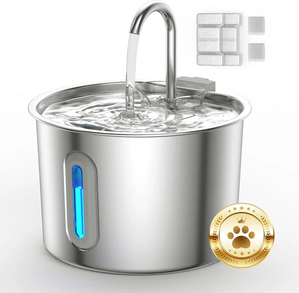 Stainless steel cat water fountain with a flowing stream of water and replacement parts
