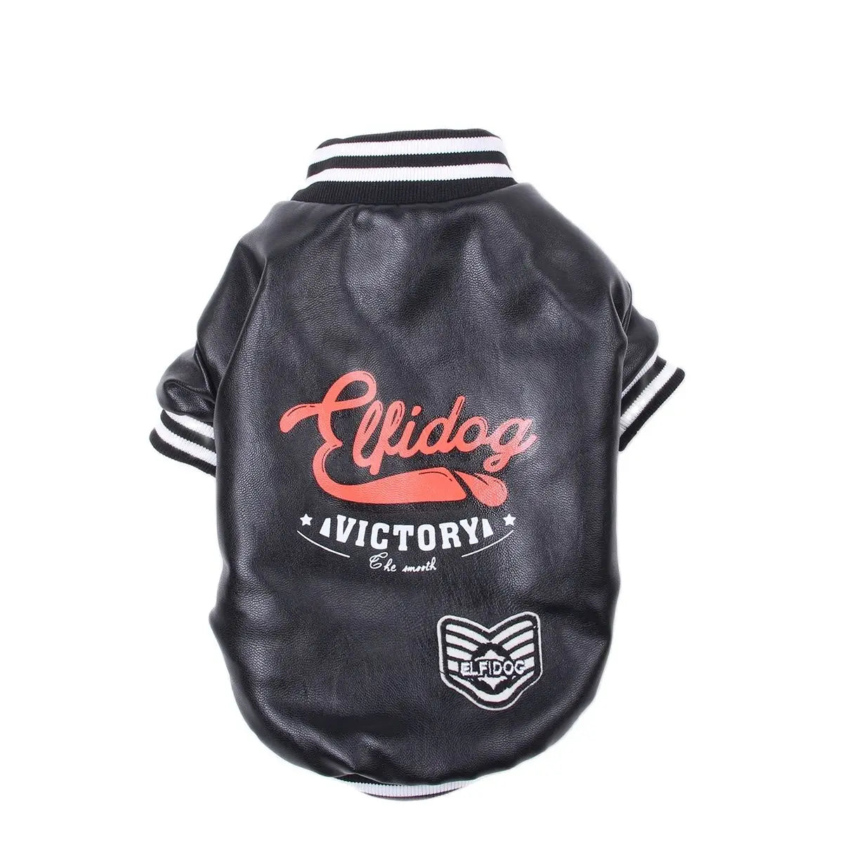 Black faux leather fleece-lined dog coat with white trim and an embroidered victory design