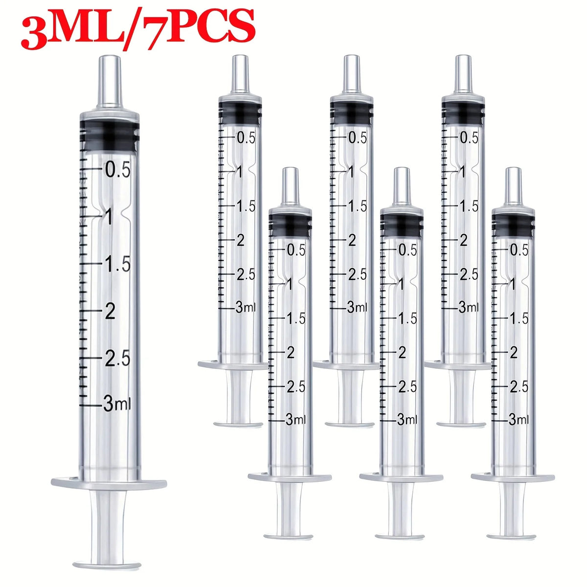A set of seven 3ml precision liquid dispensing syringes with graduated markings.