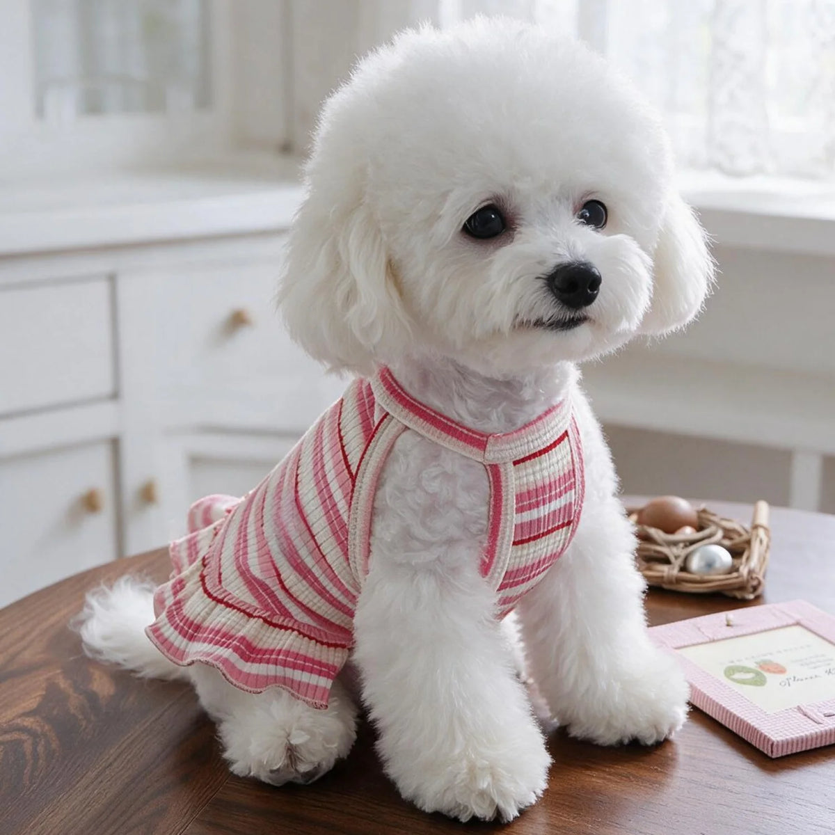 Red & White Striped Ruffle Hem Dog Dress for Small Breeds