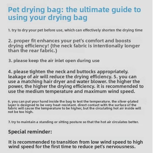 Pet Drying Bag for Dogs and Cats with Rapid Airflow