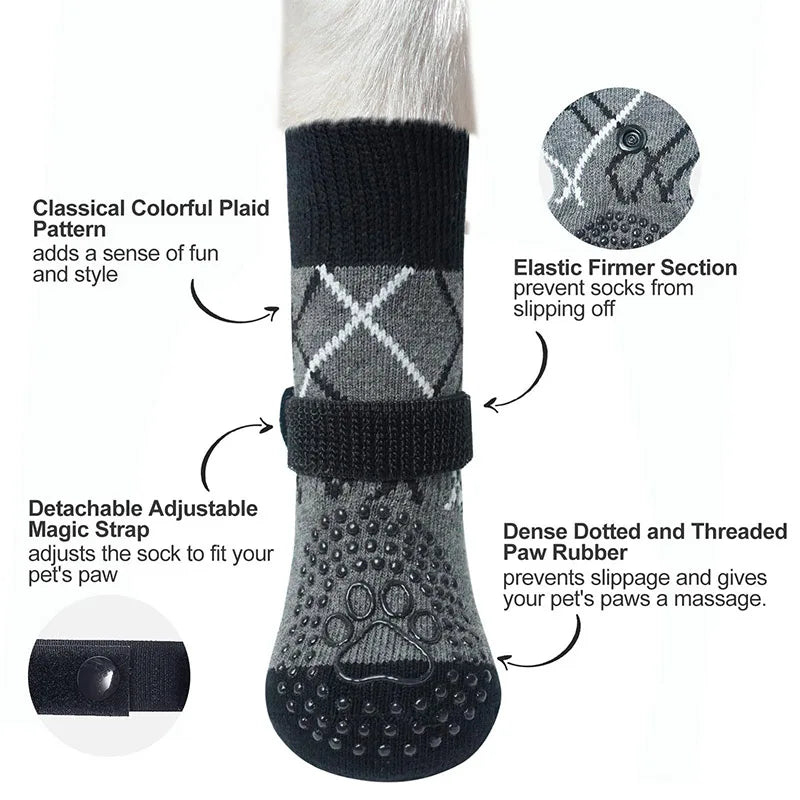 Anti-Slip Knitted Dog Socks with Adjustable Straps (4-Pack)