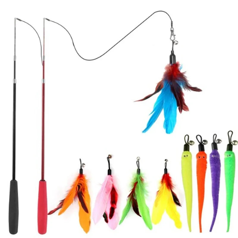 A variety pack of interactive cat toys featuring a telescopic pole and plush replacements in various colors like red, orange,