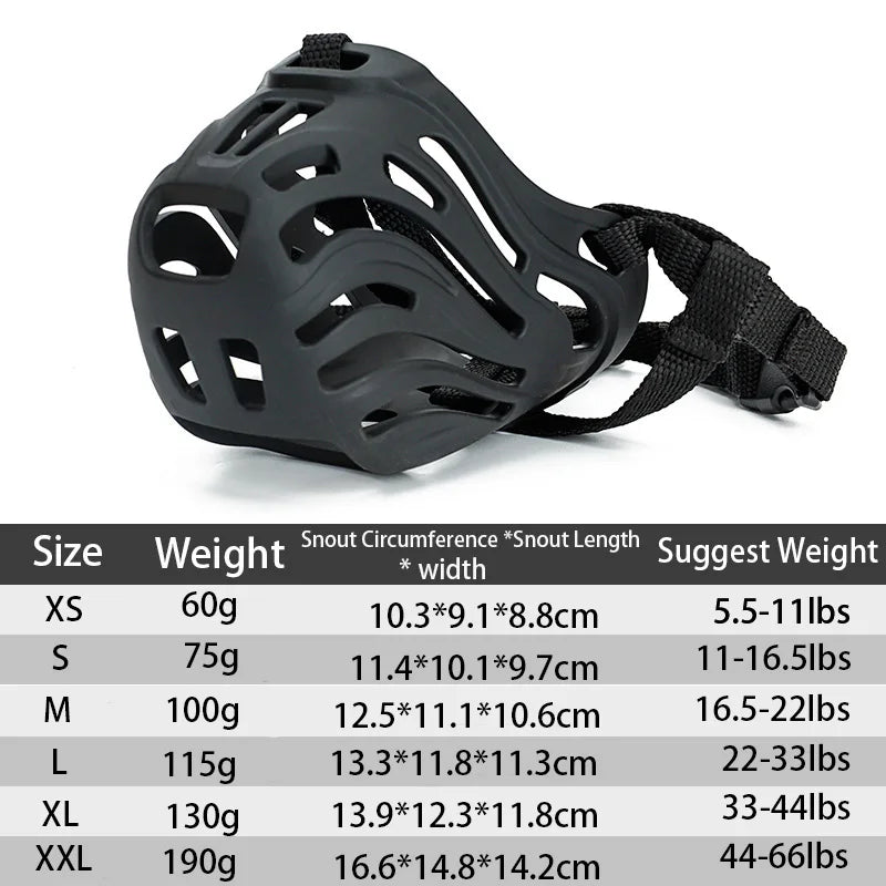 Black adjustable breathable dog muzzle shown from above