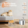 Stainless steel cat water fountain with 4 filters and a 2.2L capacity sitting on a wooden table.
