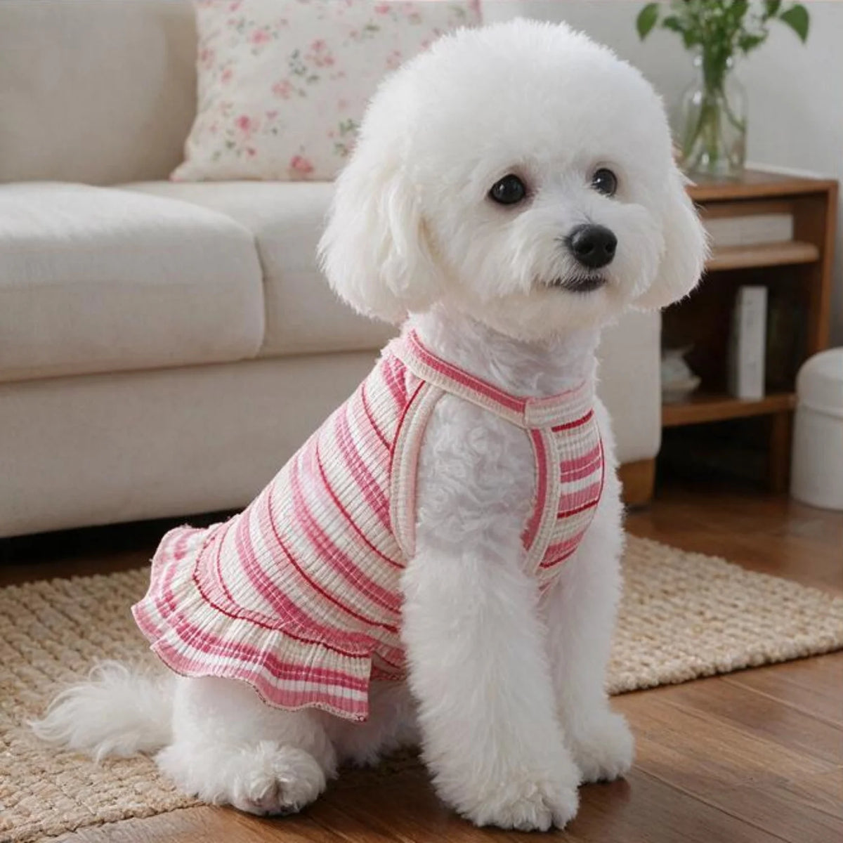Red & White Striped Ruffle Hem Dog Dress for Small Breeds