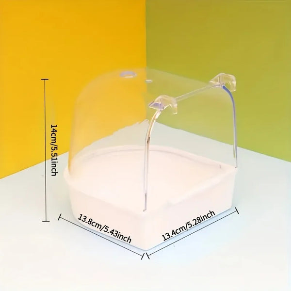 Un bain d'oiseaux anti-éclaboussures avec une poignée antidérapante, présenté sur un fond jaune et vert.