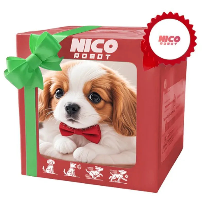 A red box containing an interactive plush puppy robot with a bow and a circular logo.