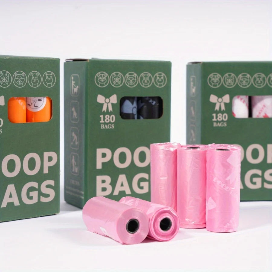 A set of 180 green poop bags and 20 pink rolls of leak-proof dog waste bags with a puppy crown pattern.