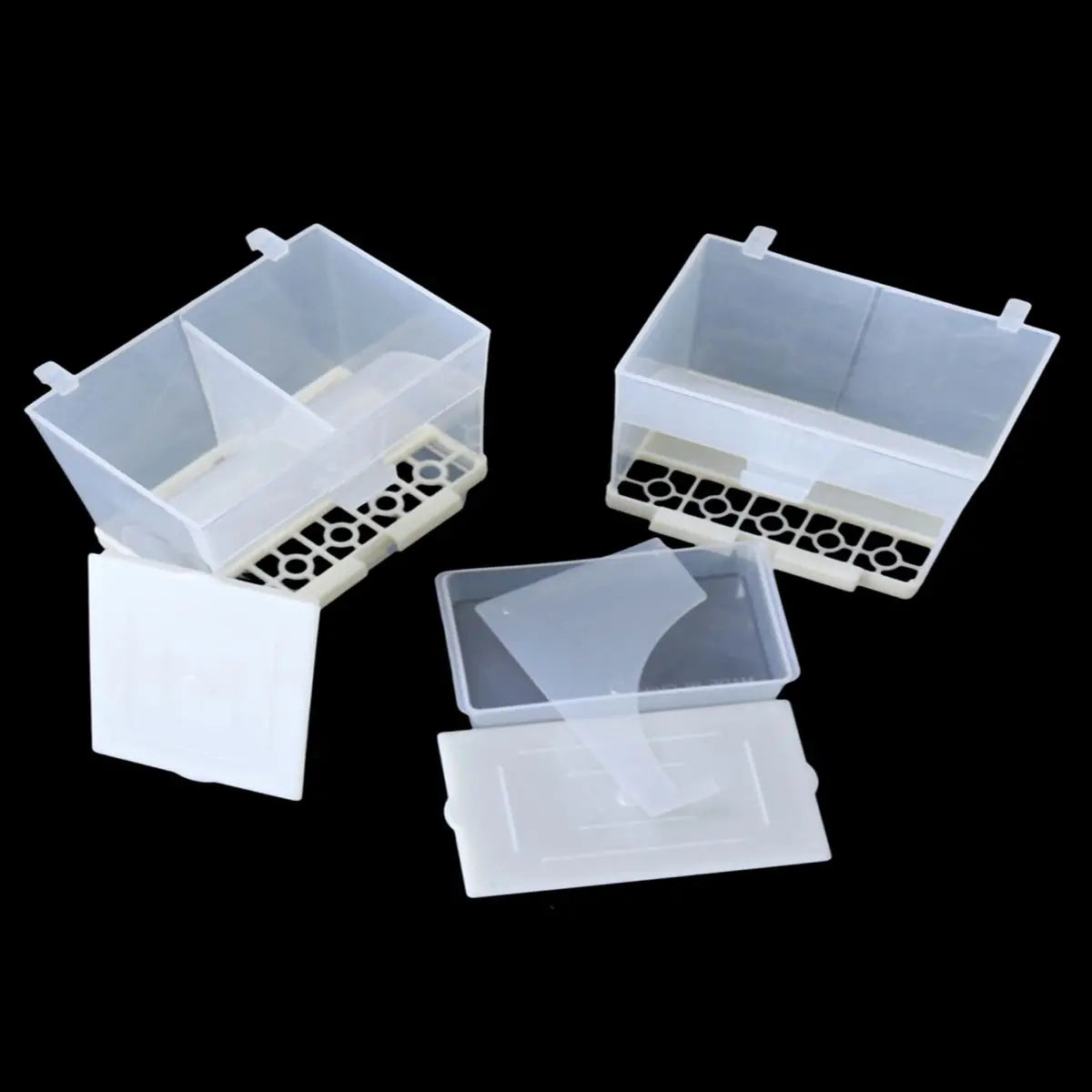 Set klare, automatische Vogel-Futterspender mit sprudisichaldem Design vor schwarzem Hintergrund.