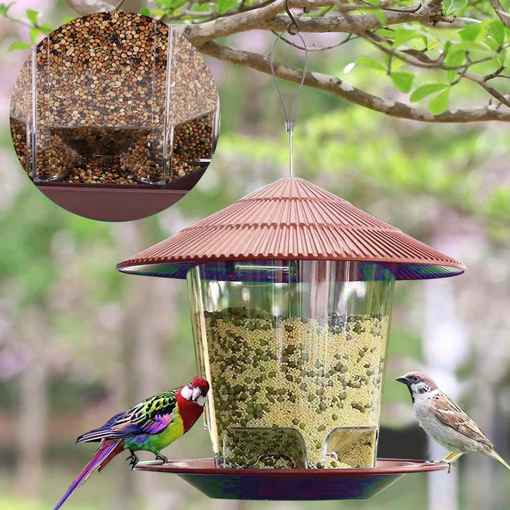 A window-mounted bird feeder with a clear viewing panel filled with seeds, hanging from a branch.