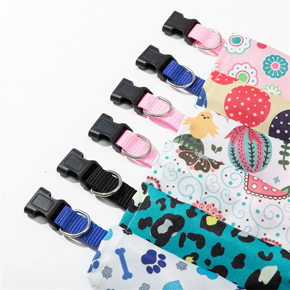 A set of printed pet collar and matching bandana featuring various colorful patterns for small dogs and cats.