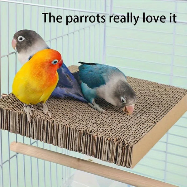 Three parrots are shown enjoying a wooden perch toy inside a bird cage.