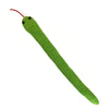 A green crinkle cat toy with a red string and black eyes.