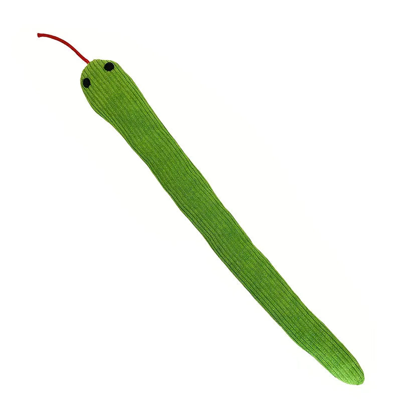A green crinkle cat toy with a red string and black eyes.