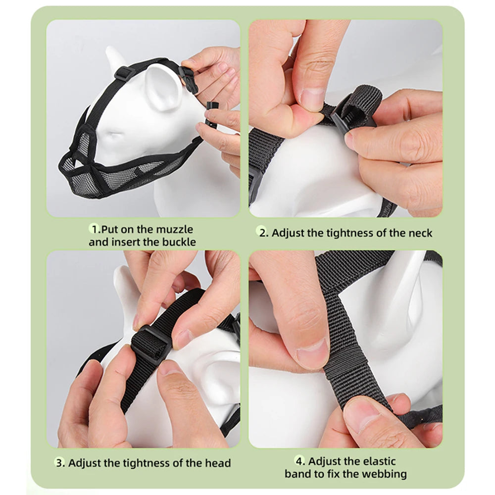 Instructions showing how to put on, adjust the tightness of the neck and head, and fix the webbing of a comfortable nylon dog