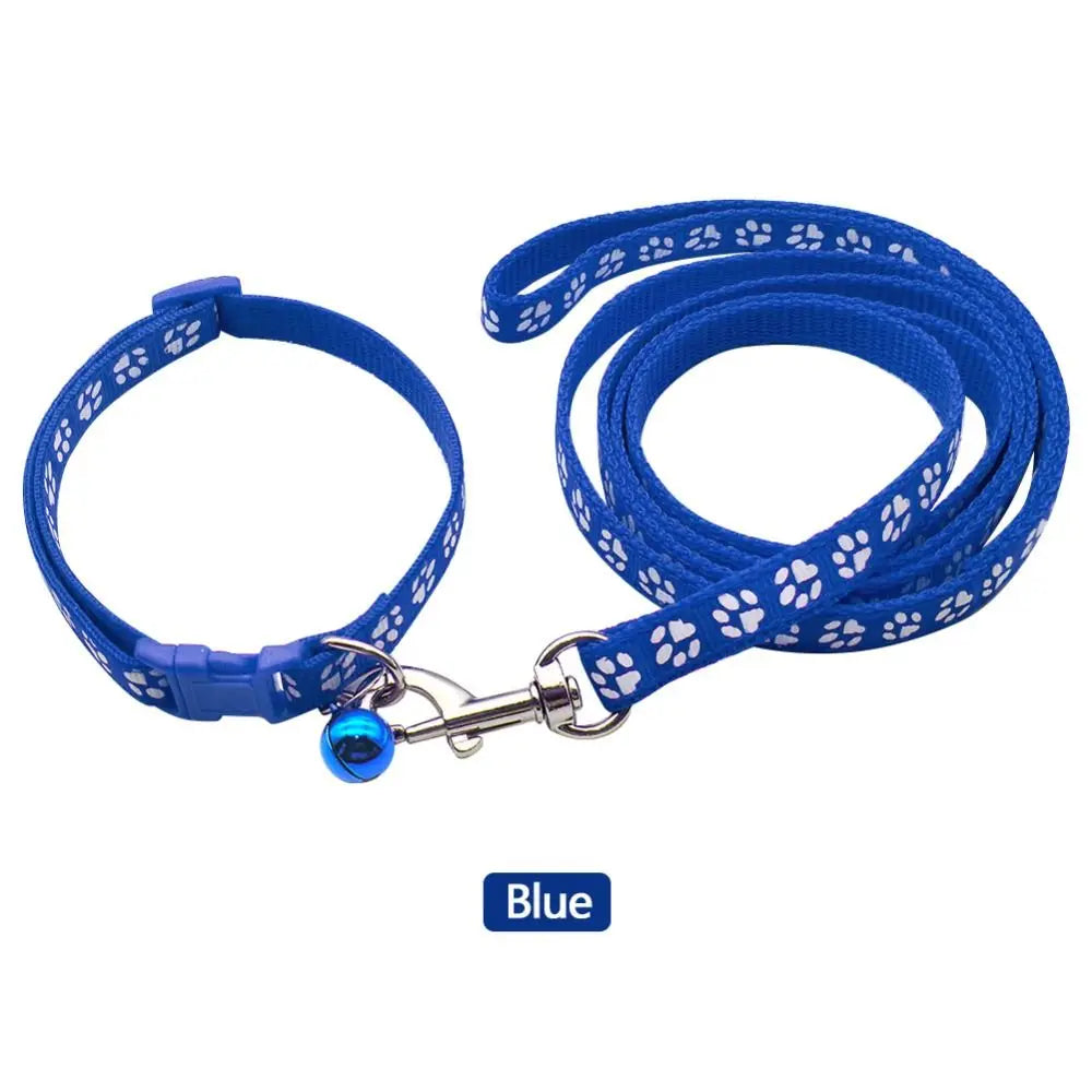 Blue breathable pet walking lead with an adjustable collar featuring a paw print pattern.