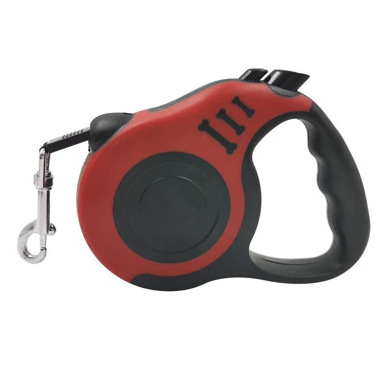 A red and black retractable dog leash with a comfortable grip and a metal clip.