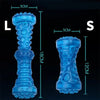 Blue silicone dog bone chew toy for teething and dental health shown in length comparison.